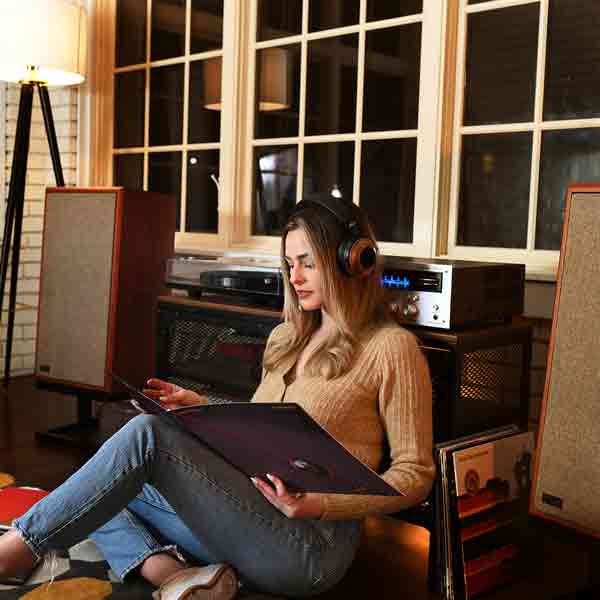 model five floorstanding speaker with headphones