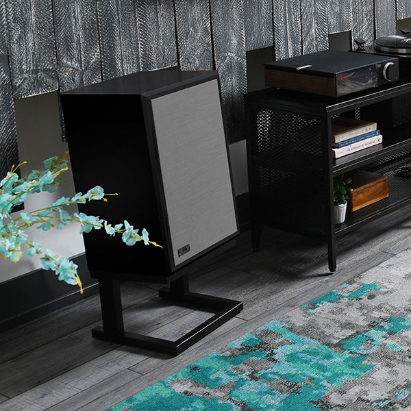 black and grey bookshelf speakers
