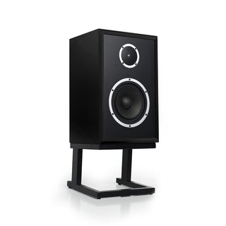 Black speaker with stand on a white background