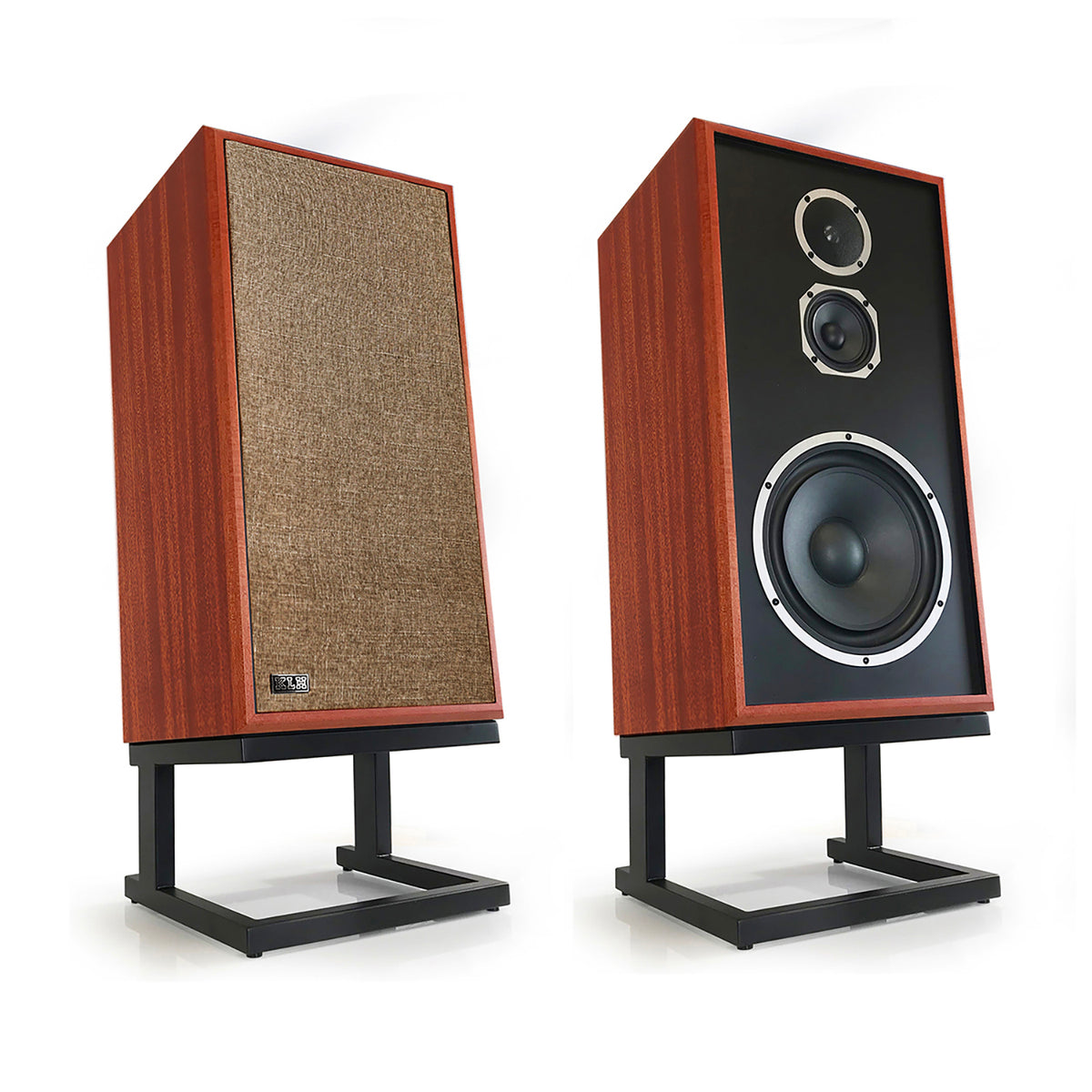 Two wooden floor speakers on black metal stands, shown from the front and side angles against a white background.