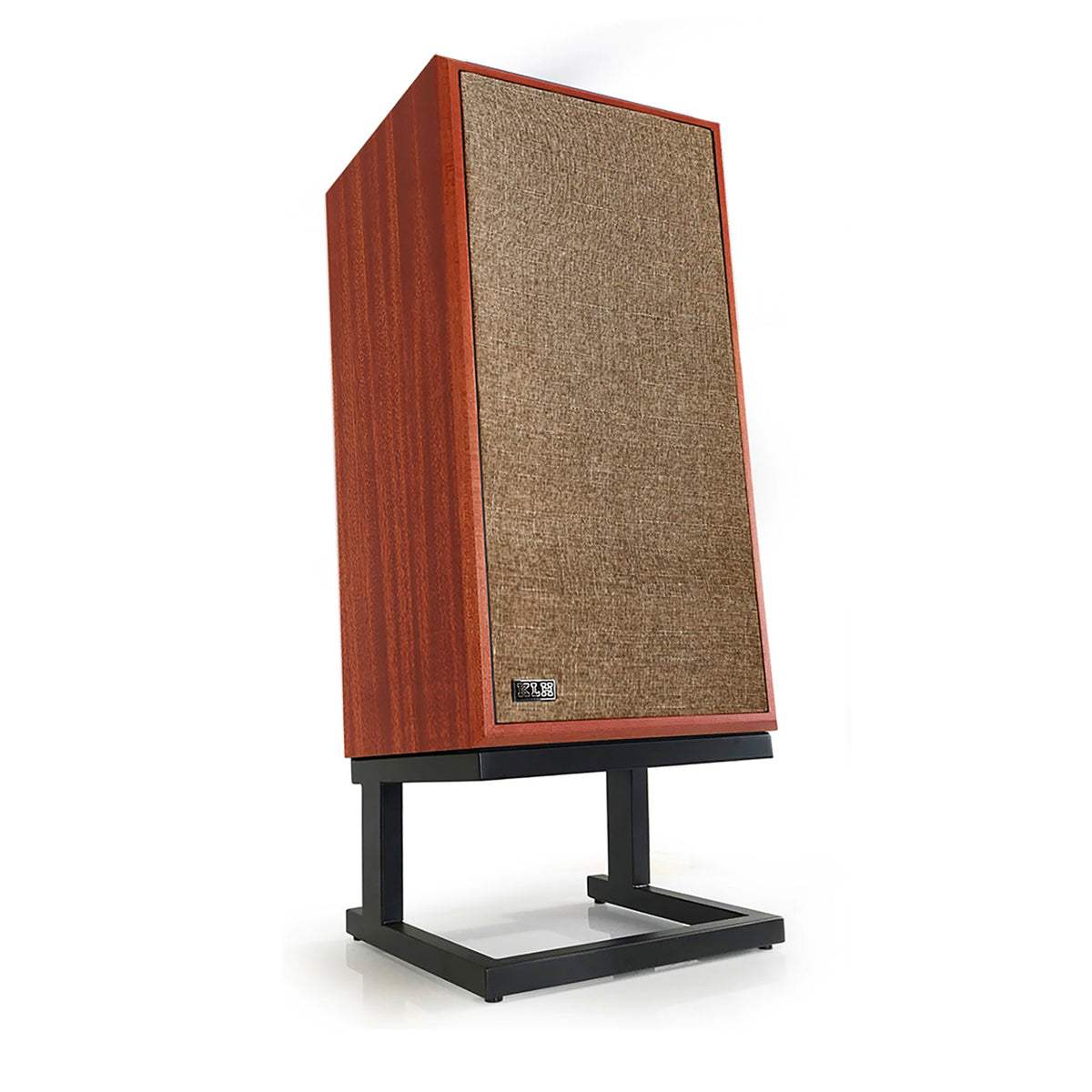 Model 5 studio view, of the speaker, with grill sitting on a floor stand. The speaker is fitted with a Mahogany finish.