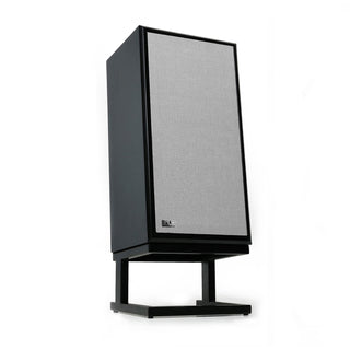 Black speaker with a gray grille on a white background