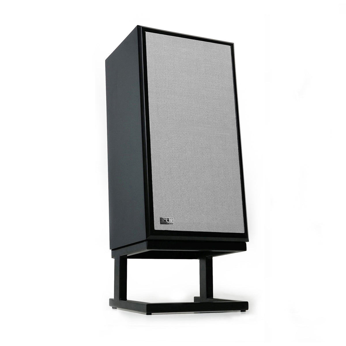 Black speaker with a gray grille on a white background