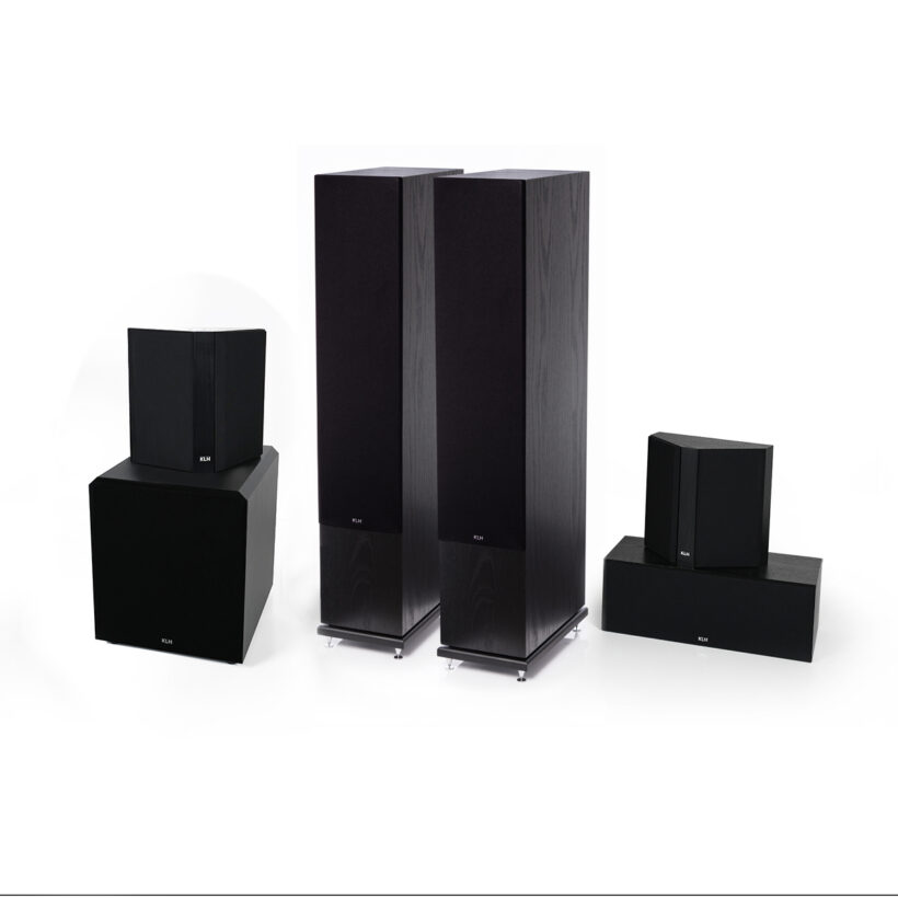 Kendall Black Oak Floorstanding Speakers with the Stratton 10inch Subwoofer with grilles