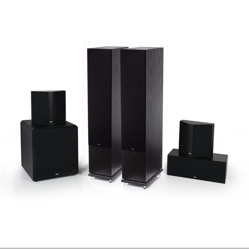 Kendall Black Oak Floorstanding Speakers with the Stratton 12 Subwoofer with grilles